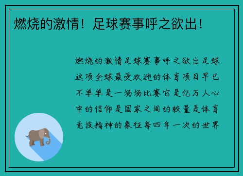 燃烧的激情！足球赛事呼之欲出！