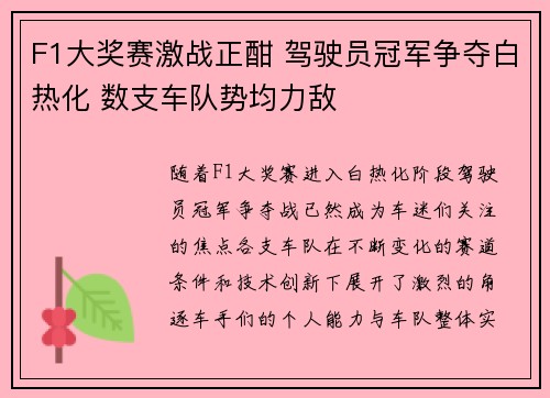 F1大奖赛激战正酣 驾驶员冠军争夺白热化 数支车队势均力敌