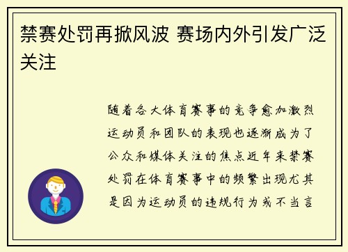 禁赛处罚再掀风波 赛场内外引发广泛关注