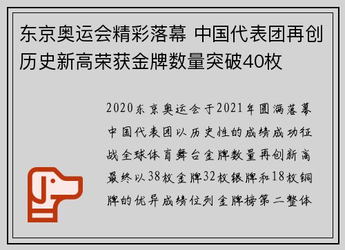 东京奥运会精彩落幕 中国代表团再创历史新高荣获金牌数量突破40枚