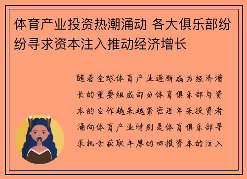 体育产业投资热潮涌动 各大俱乐部纷纷寻求资本注入推动经济增长